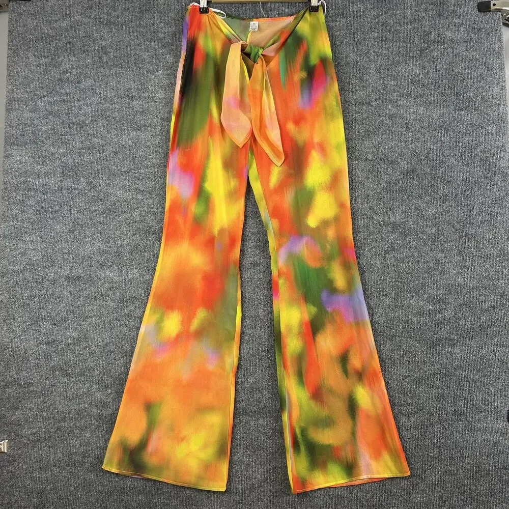 Bananhot Pants XS Lily Sunrise Chiffon Tie Waist Flare Multi Beach Resort Pool - Picture 4 of 14